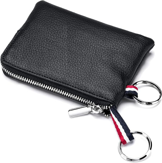 Leather Coin Purse, Change Purse for Men Women (Black, large) | Mini Coin Pouch with Zipper & 2 Keyrings, Water-resistant Genuine Leather Wallet for Pocket, Daily,Gifts