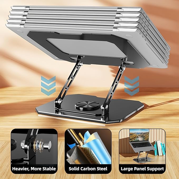 Laptop Stand for Desk - Ergonomic Aluminum Alloy Computer Riser, 360° Rotating & Adjustable & Foldable, with Large Hollow Cooling, Stable Holder for MacBook, Dell, HP, Notebook(10-17"), Blk