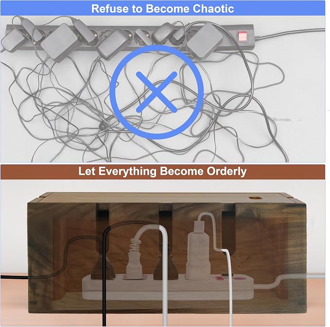 Elitzia Wood Cable Tidy Box Large Desk Cable Management Box Cord Wire Organiser for Hiding Messy Cables Wire Management Natural Walnut Wood Cables Storage Tidy Boxs for Home Salon SPA Office ETCHER02