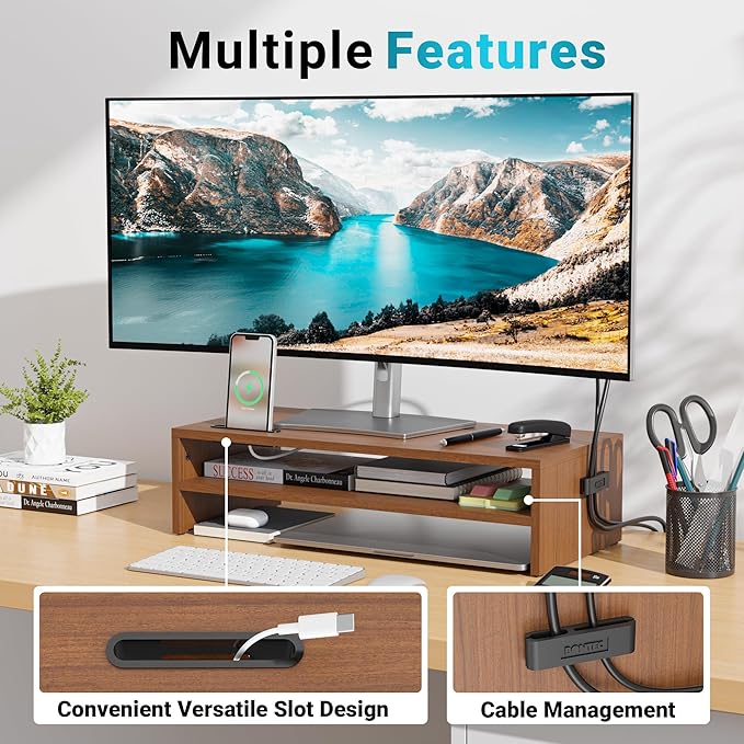 BONTEC Wood Monitor Stand Riser, 2-Tier Desktop Organizer with Storage, Ergonomic Computer Stand for Desk, Cable Management, Cellphone Holder, 21.3 Inch Shelf, Walnut