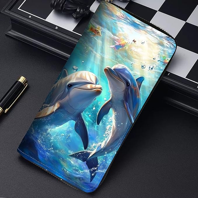 RFID Blocking Leather Wallet for Women – Large Capacity Zip Around Clutch with 8 Card Slots,27 Cash Pockets & Coin Zipper,Dolphin