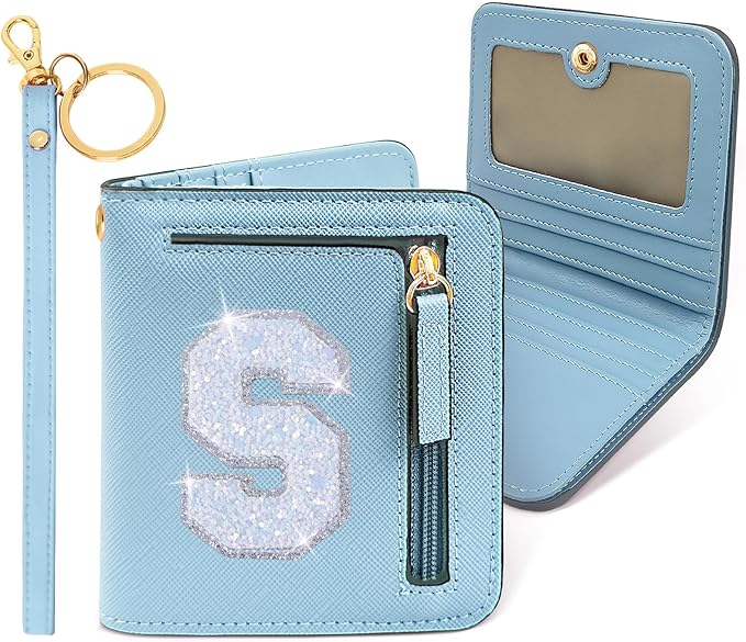 COSHAYSOO Initial RFID Wallet Small for Teenage Girl Travel Daily Accessories, Tiny Bifold PU Leather Wallet Minimalist with Zipper Pocket Credit Card Slot Birthday Trendy Easter Gift Blue S