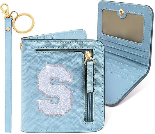 COSHAYSOO Initial RFID Wallet Small for Teenage Girl Travel Daily Accessories, Tiny Bifold PU Leather Wallet Minimalist with Zipper Pocket Credit Card Slot Birthday Trendy Easter Gift Blue S