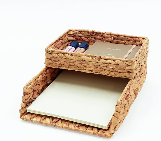 HAMOTOPI Desk Organizer Letter Tray Set of 2, Woven Water Hyacinth Tabletop Desktop for Storage Paper Letter Folders Notebooks Copy Print, Workspace Holder, Keep Stationery Saver
