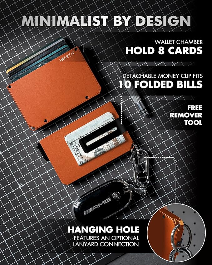iwantit Pop Up Wallet for Men, Slim Minimalist Credit Card Holder with Money Clip - Man Metal Aluminum Wallet RFID Blocking, Smart Tactical Wallet for Men, Gift for Men (Orange)