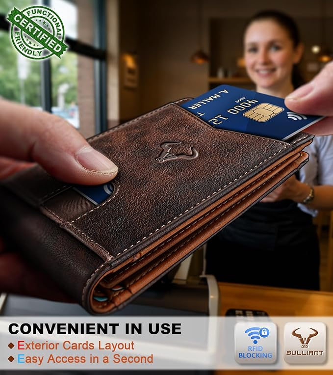 BULLIANT Men Wallet, Slim Leather Wallet Front Pocket Card Holder Gift For Men 11 Slots RFID Blocking