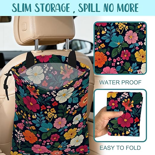 Car Garbage Bag Watercolor Floral and Leaves Drawstring Car Trash Bag Hanging for Back Seat with Adjustable Buckle Canvas Vehicle Trash Can Easy-to-Install