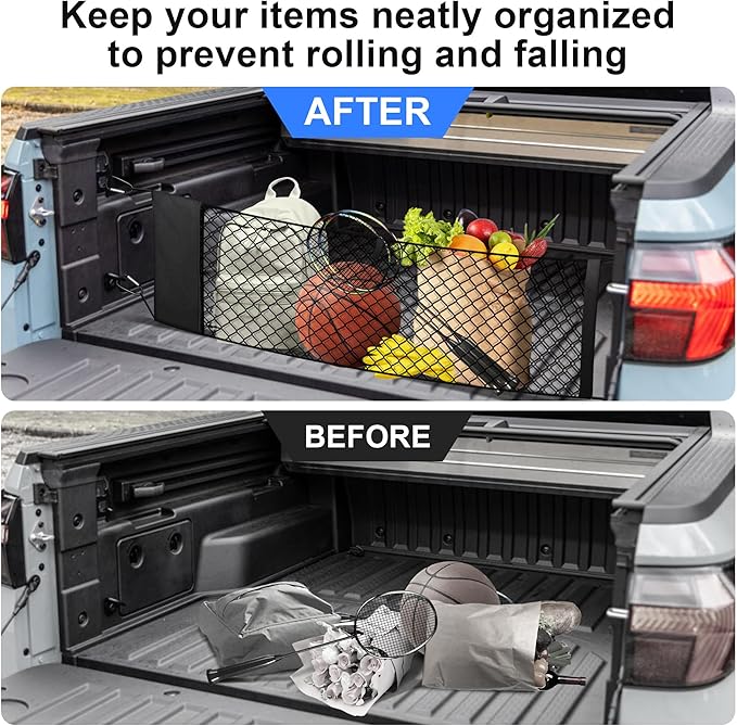 Envelope Style Truck Cargo Net Compatible with Hyundai Santa Cruz 2022-2024 & Toyota Highlander 2014-2025 Accessories, Heavy Duty Carabiners Highly Elastic Truck Bed Mesh Cargo Net