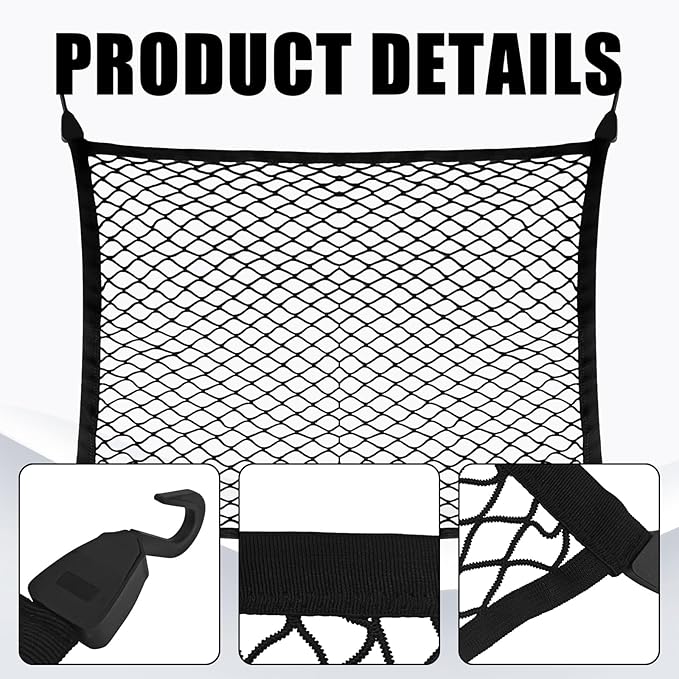 Elastic Cargo Net for SUV Trucks, Ceiling Cargo Net, Adjustable Trunk Mesh Net Organizer 32" X 24" Stretch to 63"X43" with Hooks, Universal Car Rear Trunk Bed Netting Storage Accessories（Black）
