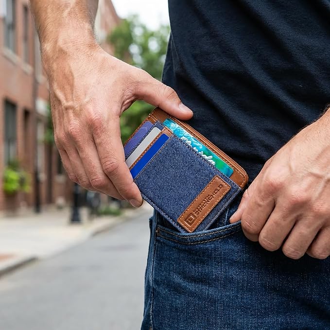 ID Stronghold RFID Blocking Front Pocket Wallet – Slim Minimalist Genuine Leather Wallet with Zipper Coin Pocket (Denim)