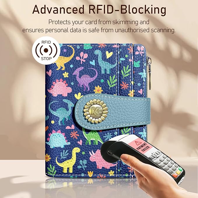 Kelvoris Cute Dinosaurs Small Rfid Women Wallet Bifold Zipper Coin Pocket PU Leather Compact Cash Credit Card Holder Travel Wallet for Female Ladies Teen Girls 1 ID Window 10 Card Slots