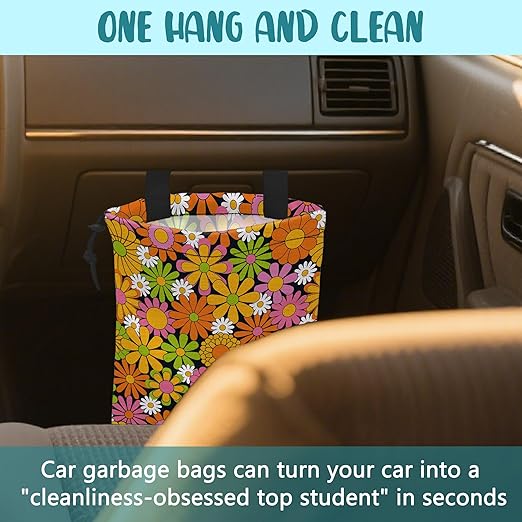 Car Garbage Bag Colorful Vintage Groovy Flowers Drawstring Car Trash Bag Hanging for Back Seat with Adjustable Buckle Canvas Vehicle Trash Can Easy-to-Install