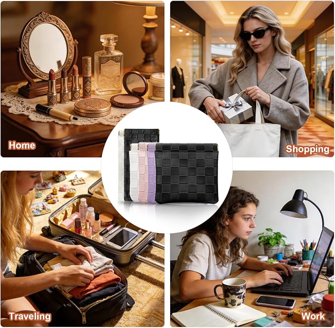 6 Pack 2 Sizes Small Makeup Bag for Purse, Checkered Snap Closure Pouches for Purse, PU Leather Coin Purse for Women, Mini Travel Organizer for Cosmetics Sunglasses Cash Lip Gloss Lipstick