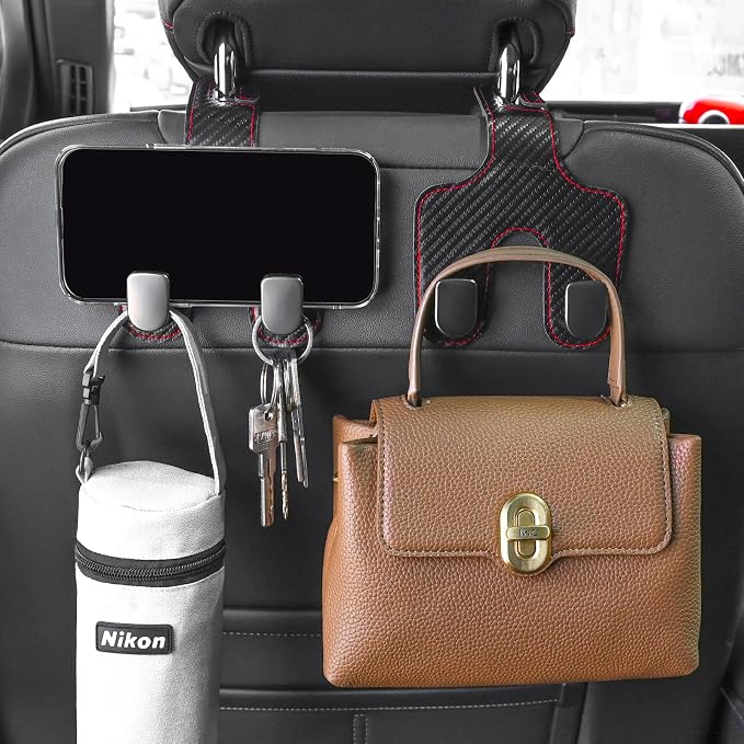 JEYODA Car Hooks for Purses and Bags,Flexible PU Vehicle Storage Hanger,Car Seat Back Organizer,Universal Hidden Multifunctional Headrest Hooks for Car，Home (Style 2-Carbon Fiber Black)
