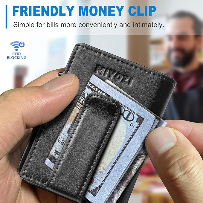 miyozi Men Wallet,with Money Clip Coins Pocket ID Window,Slim Front Pocket RFID Blocking Pop-up Card Holder 3.9"x 2.7", Gift Boxed