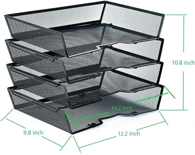 SETTFRFE 4 Tier Metal Letter Tray Desk Organizer-Stackable Paper Tray,Black | Desk Tray Organizer with Reinforced Edges,Stackable File Trays Organizers and Storage System for Office,School,Home