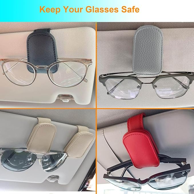 Sunglasses Holder for Car, Magnetic Leather Sunglasses Clip for Car Visor, Eyeglass Hanger Clip for Car Sun Visor (Black 2 Pack)