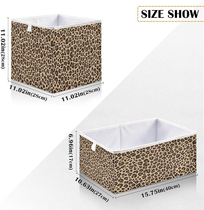 Brown Leopard Print Storage Baskets, 15.75x10.63x6.96 inch Foldable Decorative Fabric Storage Bins, Closet Organizer for Shelves, Clothes, Books & Bedroom Organization