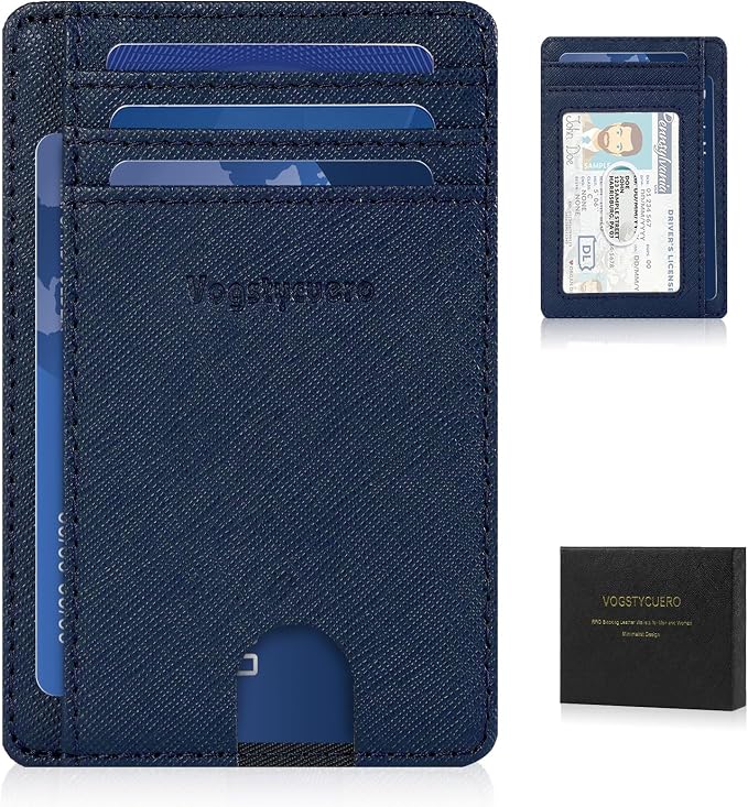 Slim Minimalist Front Pocket Thin Wallet RFID Blocking 100% Genuine Leather Credit Card Holder for men Women, with Gift Box-Cross Blue