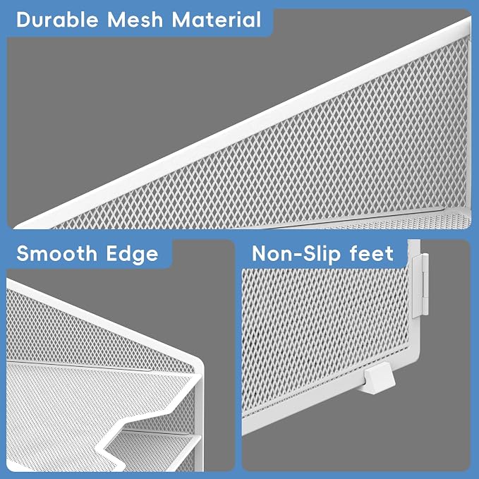 Desk File Organizer, 4 Letter Trays and 2 Upright Sections, White | Paper organizer for desk with tiered letter trays and upright file sections for home office, school and workspace use