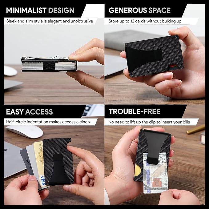 Carbon Fiber Slim Wallet for Men,RFID Blocking Minimalist Metal Wallet, Money Clip/Cash Holder, Front Pocket Aluminum Credit Card Holder, Ideal Gift for Men,Carbon Fiber