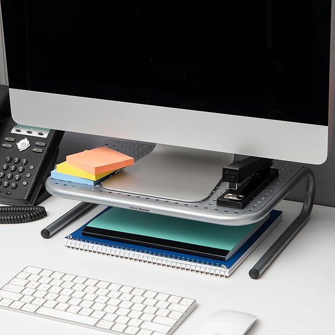 Mind Reader Monitor Stand, Ventilated Laptop Riser, Desktop Organizer, Metal, 14.5"L x 11.25"W x 4.25"H, Set of 2, Silver