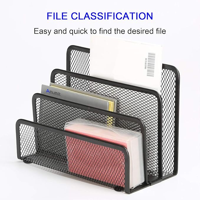 Desk Mail Organizer, File Holder Letter Sorter with 3 Vertical Upright Metal Mesh Compartments Document, Filing, Folders, Mail, Paper Organizer for Home or Office Desktop (2PCS)