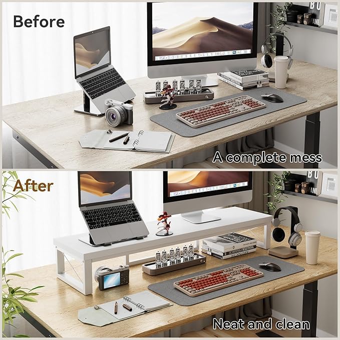 IBUYKE Large Dual Monitor Stand Riser for 2 Monitors, Wooden Desktop Computer Monitor Stand Storage Shelf and Steel Legs,Dual Screen Office Desk,Monitor Riser for Computer, Printer,Laptop,TV,White UTDJ002W