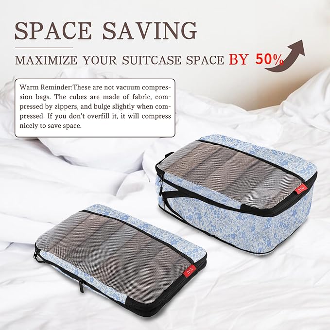 U+U 6 Set Compression Packing Cubes - Ultralight Travel Organizers with Laundry Bag, Space-Saving Suitcase Organizer for Travel, Business Trip and Family Vacation (Blue Flower)