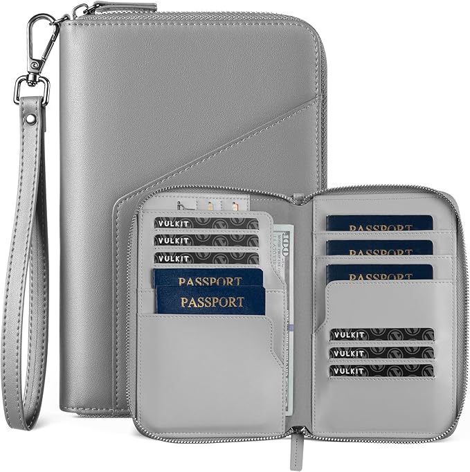 VULKIT Leather Passport Holder Family Travel Document Organizer with RFID Blocking Travel Wallet Slim Dual Slots SIM Card and Multiple Card Holders for Men and Women (Grey)