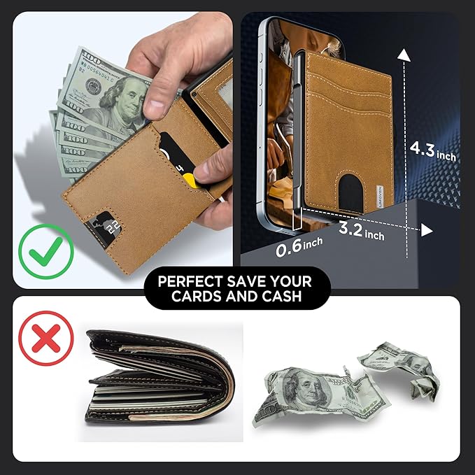umoven Wallet for Men - Pop Up Case, Cash Slot, and Credit Card Slot - Slim Aluminum Wallet with RFID Blocking, Minimalist Leather Wallet Front Pocket with ID Window (Browns)