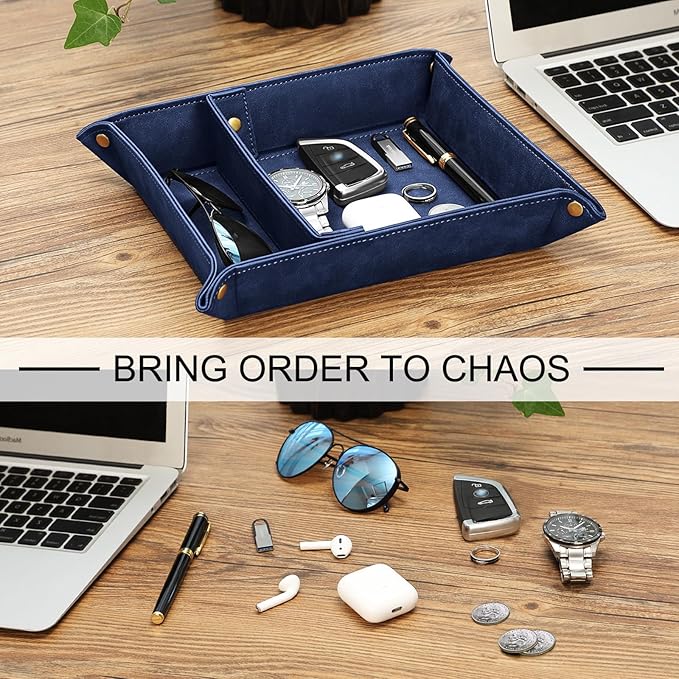 SITHON Valet Tray Desktop Storage Organizer, Removable 2 Compartments Catchall Tray Bedside Vanity Nightstand Caddy Holder Desk Storage Plate, Dark Blue