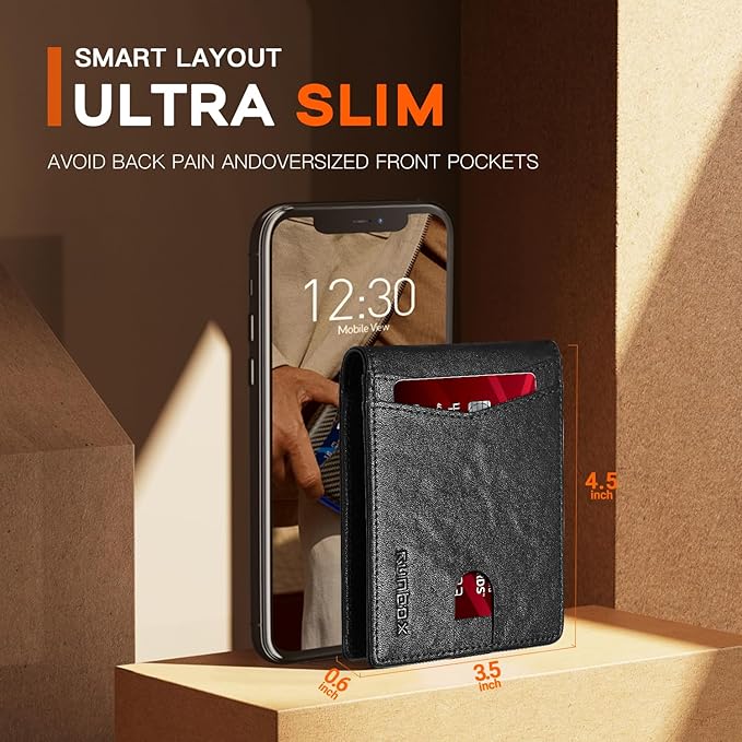 RUNBOX Wallet for Men Slim Leather Bifold RFID Blocking Minimalist Front Pocket Design with Gift Box