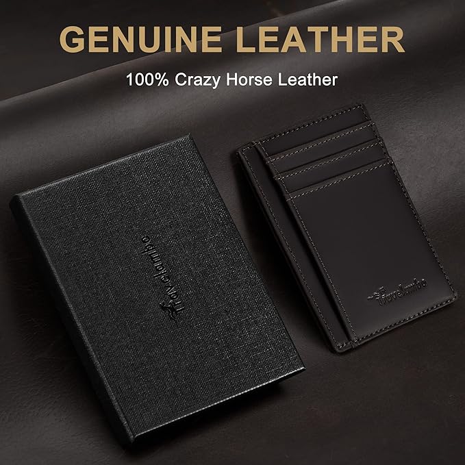Travelambo 100% Genuine Leather Wallet for Men and Women, Slim Minimalist RFID Blocking Front Pocket Credit Card Holder with Gift Box