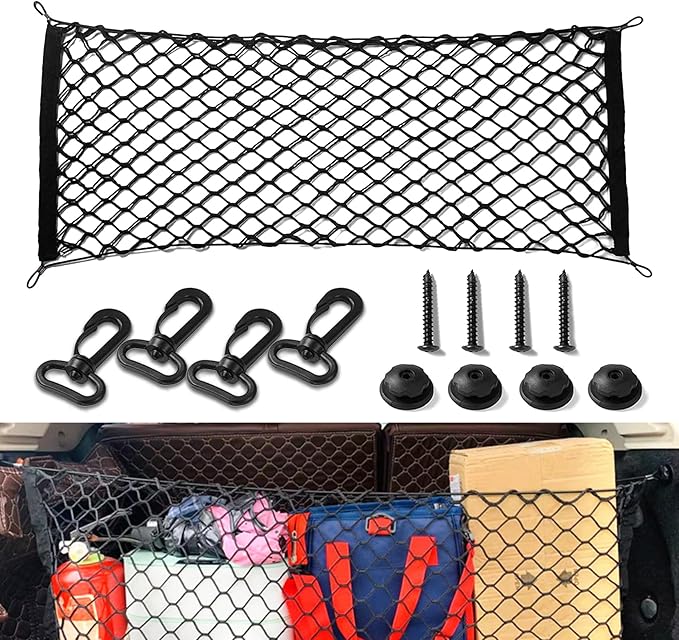 Car Rear Cargo Net, Trunk Cargo Storage Net with Hooks, Cargo Storage Elastic Mesh Net Organizer Car Interior Accessories Universal Fit for Cars, Trucks, SUVs (35.43 "x15.74)