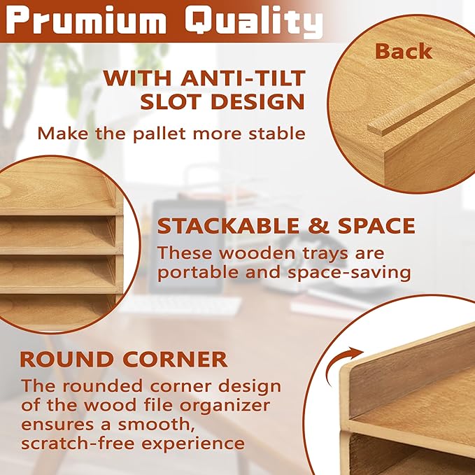 PROLEE Wooden Paper Tray Organizer for Desk, Stackable Paper Holder and Letter Tray, 4-Tier Desktop File Storage Rack for Study,Home and Office (Oak, 14" x 9.5" x 2.5")