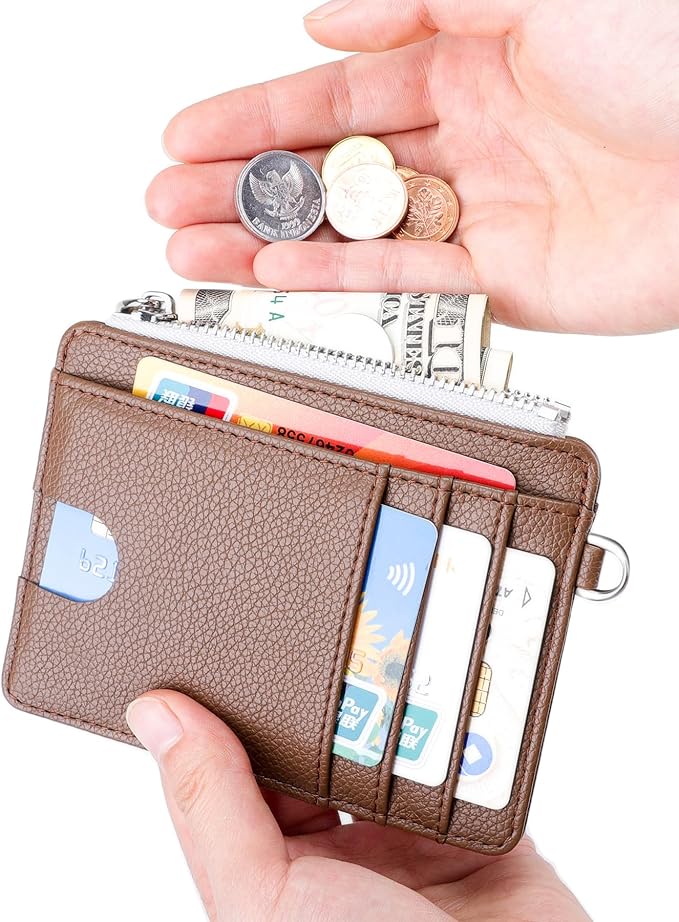 Teskyer Slim Card Holder Wallet with Zip Pocket, RFID Blocking, Total 9 Compartments Large Capacity, 3.5" x 4.7" (Slight Larger Than Usual), Faux Leather - Coffee