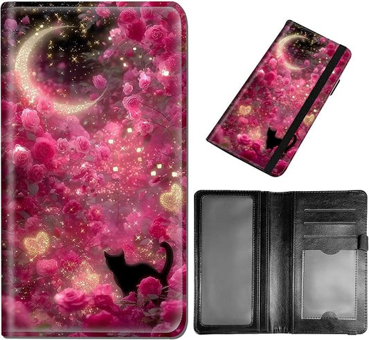 DEGDFSGR Checkbook Cover PU Leather Checkbook Covers for Women for Duplicate Checks, Check Book Covers with RFID Blocking Function for Personal Checkbook, Black Cat Pink Rose