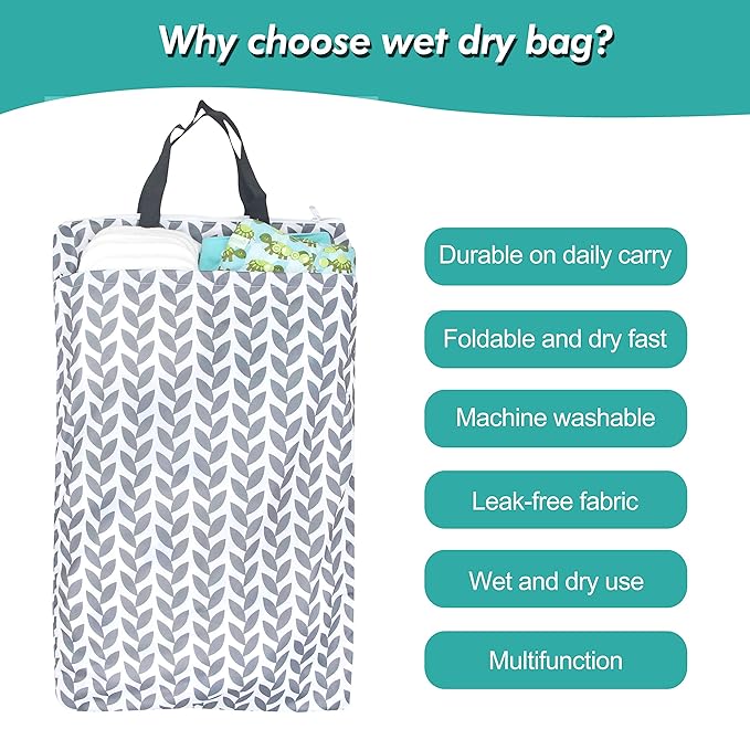 wegreeco Reusable Hanging Wet Dry Cloth Diaper Bag (Grey Leaf)