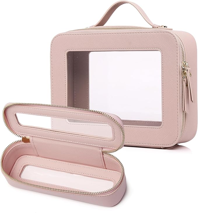 Pinkmik Clear Makeup Bag with Brush Bag Portable Cosmetic Bag Case Travel Toiletry Bag Car Essential for Women (Pink, L+SLIM)