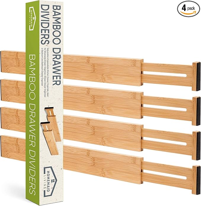Bamboo Drawer Organizer Adjustable and Expandable - Ideal Drawer Dividers for Kitchen, Dresser, Bedroom and Bathroom - Expandable Drawer Organizer Set of 4 - Water-Resistant Finish