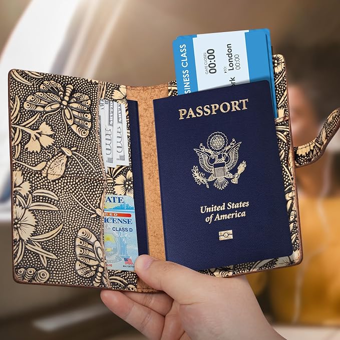 Genuine Leather Passport Holder Travel Bifold Wallet For Men And Women Slim RFID Blocking Butterfly pattern