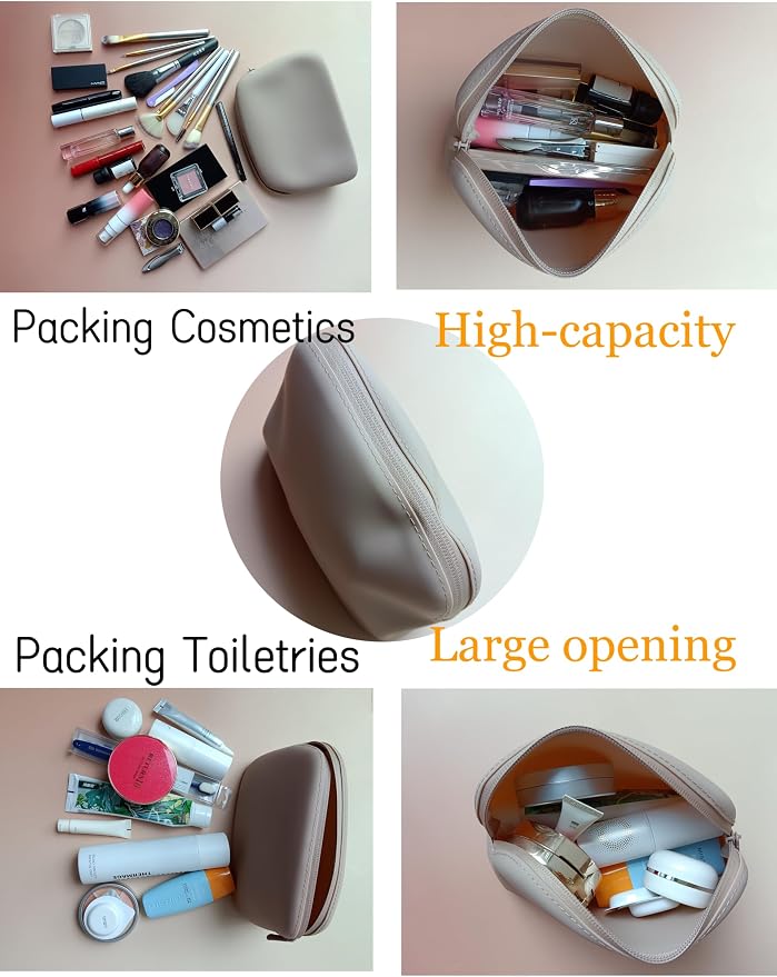 Foldable Silicone Makeup Bag Large Capacity and Lightweight Toiletry Bag for Travel Waterproof Cosmetic Bag with Zipper for Women Girls (Khaki)