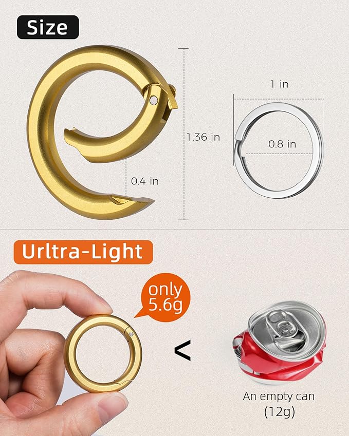 FEGVE Round Carabiner Keychain Clip,1.36 in Gold Spring O Key Rings Clip, Key Chain Quick Release Snap Hook for Women