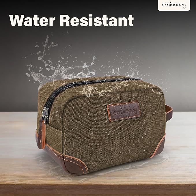 emissary Men's Canvas Travel Toiletry Bag, Leather Dopp Kit - Brown | Durable canvas & PU leather, water-resistant lining, side handle; roomy men's Dopp kit for travel & gym