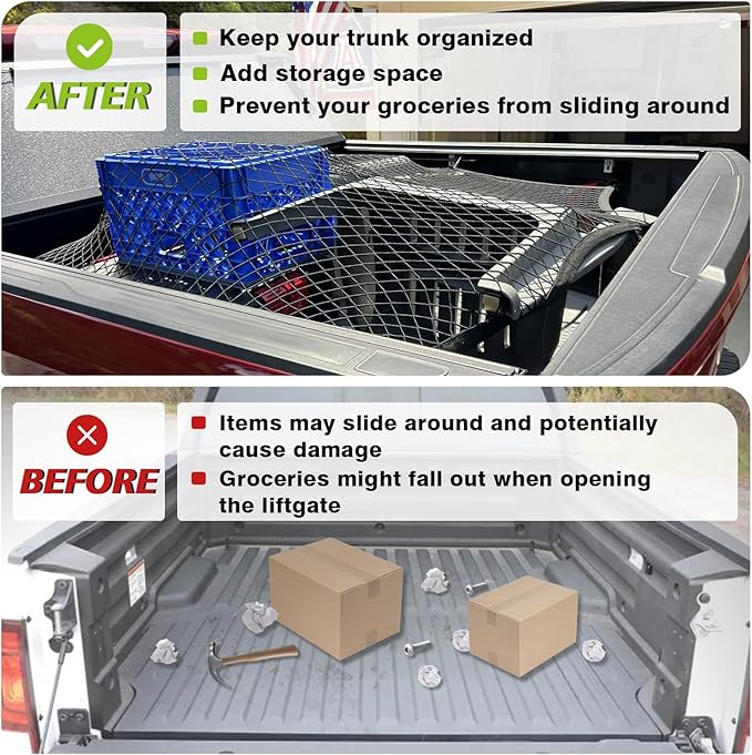 Muslogy Truck Bed Cargo Net Trunk Netting Compatible with Pickup Bed Stretchable 4'x4' to 7'x7' Accessories, Pickup Cargo Organizer SUV Sedan Storage Net w/Heavy Duty Carabiners