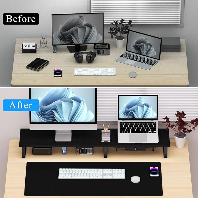 Wood Dual Monitor Stand Riser - Monitor Stand for 2 Monitors, Large Computer Stand For Desk with Metal Legs, Desk Organizers and Storage With Drawer, Desk Shelf for Computer/Laptop/Printer/TV, Black