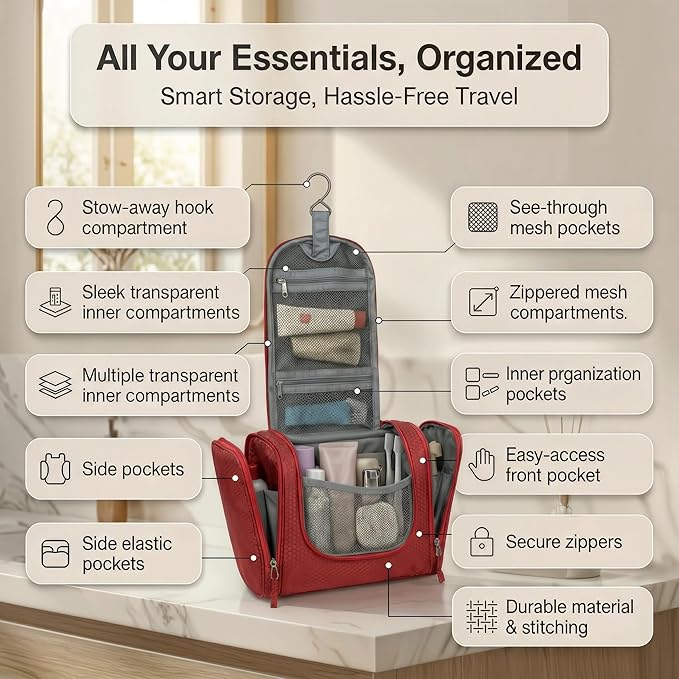 Bago Travel Toiletry Bag for Women and Men X-Large Waterproof Hanging Large Toiletry Bag for Bathroom and Travel Bag for Toiletries Organizer -Travel Makeup Bag (Red)