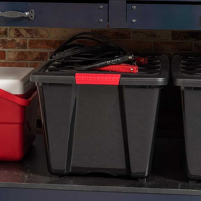 IRIS USA 51 L (54 QT) Plastic Storage Box with Lid and Latches - 4 Pack - BPA-Free, Garage Organizing Solution, Durable Nestable Stackable Containers, Secure Pull Handle - Black