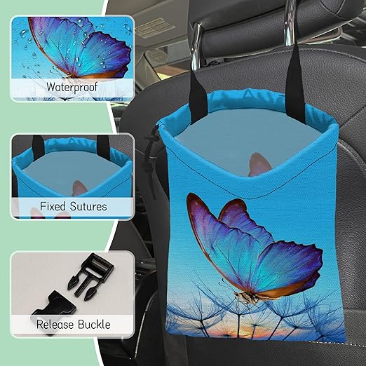 Blue Butterfly Car Garbage Bag,Dandelion Waterproof Small Car Trash Bag Hanging Back of Seat,Drawstring Hanging Car Trash Bag with Adjustable Buckle for Car Accessories